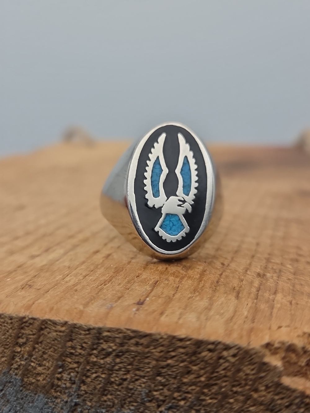 Vintage Native American Turquoise‎ Onyx Eagle Ring Men's 13 - Picture 3 of 11